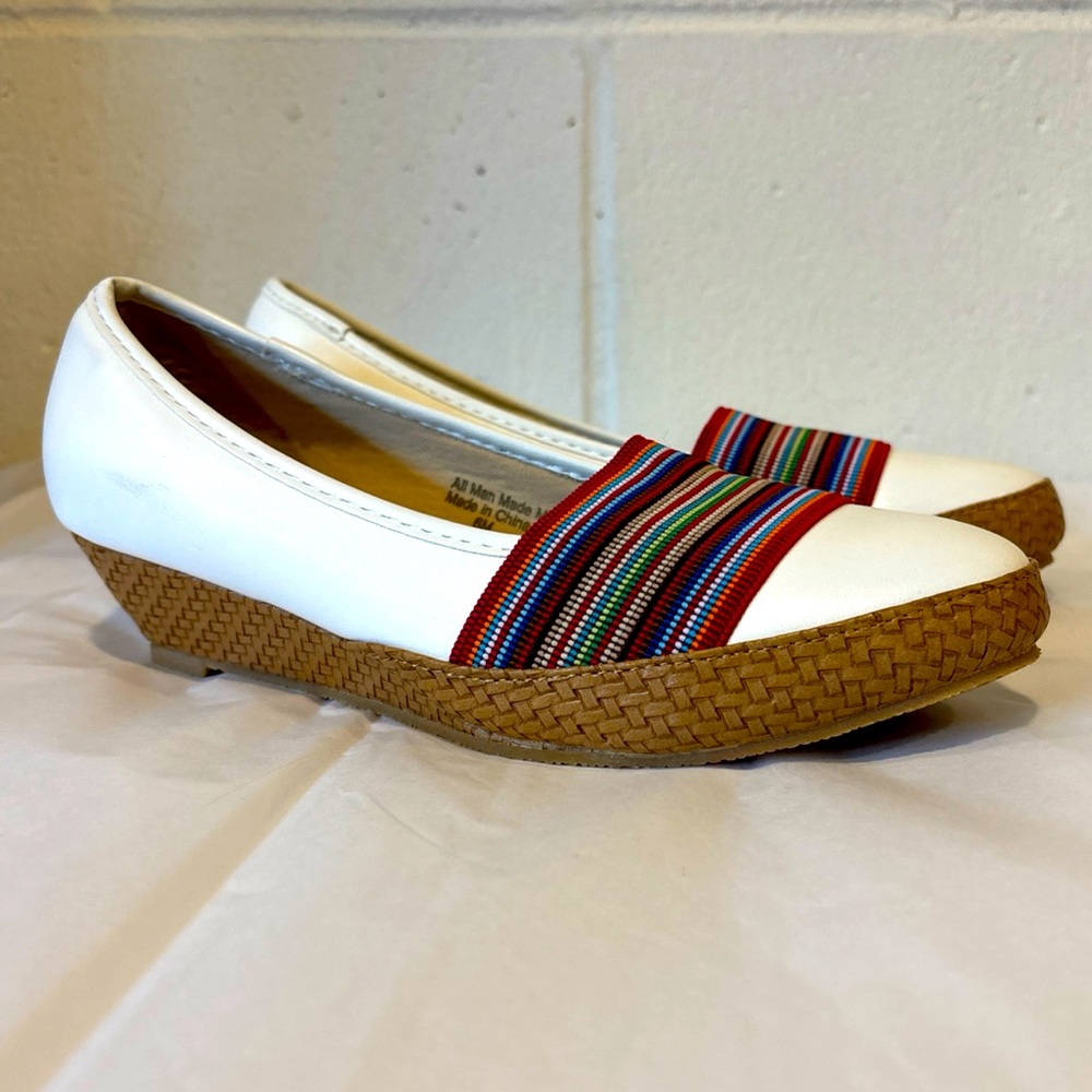Salon Studios wedge faux leather heels white rainbow striped
